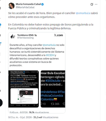 María Fernanda Cabal se refirió a la ONG Temblores como prepago de Soros - crédito @MariaFdaCabal/X