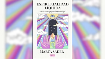 Portada del libro "Espiritualidad Líquida" con un ojo derramando una lágrima, nubes, un arcoíris, un portal al espacio y dos manos con un símbolo de dólar