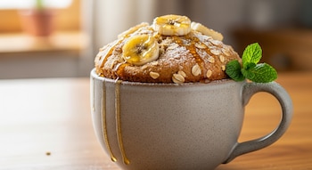 Un mug cake en una taza gris con rodajas de plátano, copos de avena, miel y azúcar glass. Una hoja de menta adorna el postre.