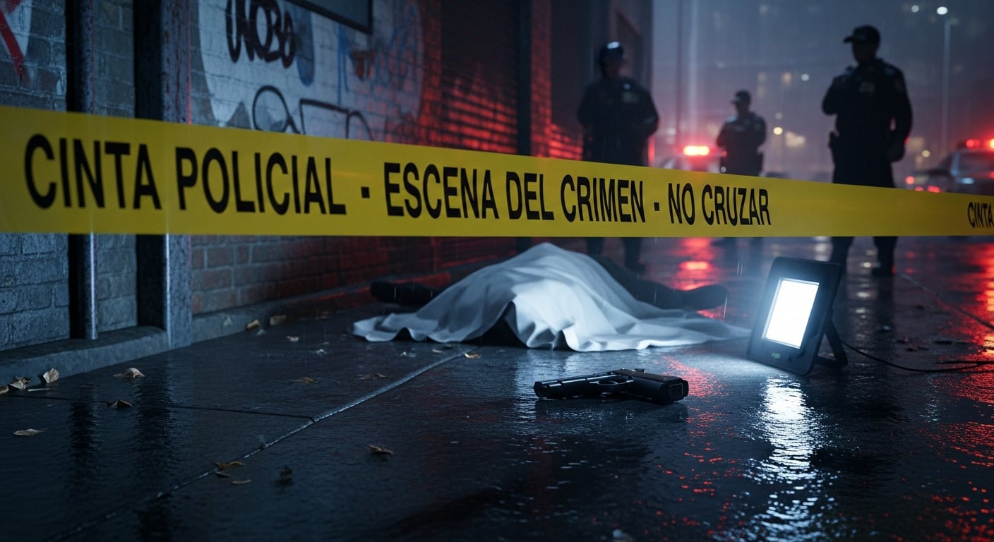 Agentes de la policía trabajan en la escena de un homicidio donde un cuerpo cubierto y un arma de fuego yacen en el suelo mojado, delimitada por cinta policial. (Imagen Ilustrativa Infobae)