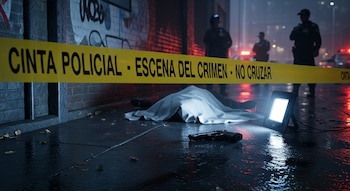 Cinta policial amarilla acordonando una escena de crimen nocturna con un cuerpo cubierto, una pistola en el suelo mojado y luces de emergencia.