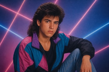 Joven con peinado abultado, chaqueta de colores azul, morado y rosa, y pantalones de mezclilla, ante un fondo iluminado con luces diagonales.