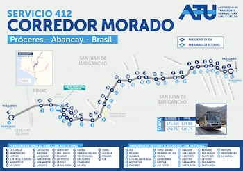 Servicio 404, 405, 409 y 412, trazados, avenidas principales y destinos