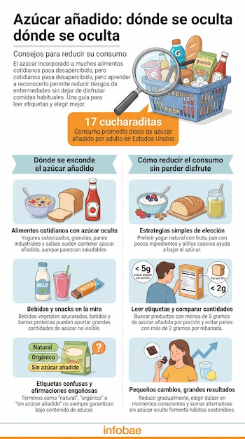 Infografía: cesta de compra con alimentos procesados y terrones de azúcar, lupa, personas leyendo etiquetas, yogur, pan, salsas, bebidas, barras de proteína, estadísticas.