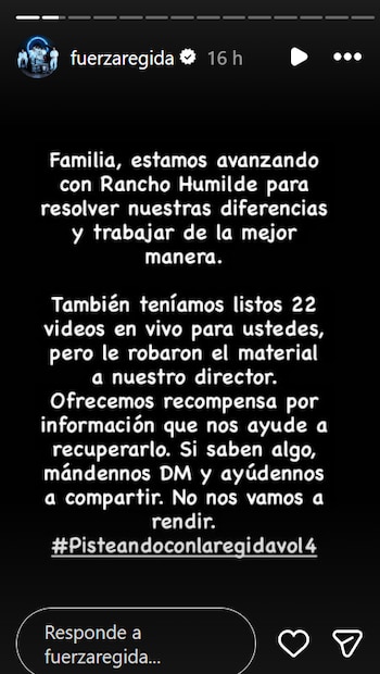 Captura de pantalla de una historia de Instagram de la cuenta oficial de Fuerza Regida con texto en blanco sobre fondo negro