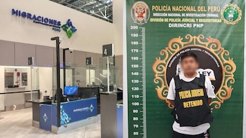 Módulos de control migratorio a la izquierda y un hombre detenido con chaleco de la Policía Judicial frente a un panel oficial a la derecha