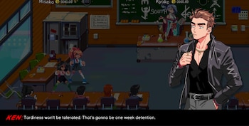 Personaje masculino estilo anime, dos personajes femeninos de pixel art y cuatro estudiantes en un aula con pizarrón, mesas, sillas, armarios y equipo de laboratorio, texto de diálogo