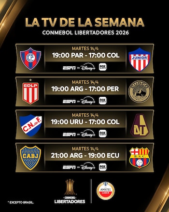Póster digital negro y dorado con la programación de TV de CONMEBOL Libertadores 2026. Incluye escudos de equipos, horarios de partidos y logos de ESPN, Disney+ y Fox Sports