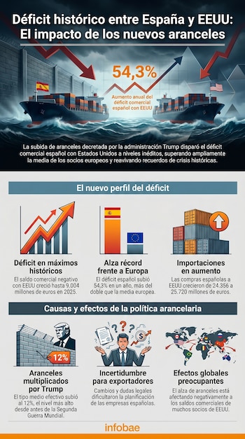 Infografía sobre el déficit comercial España-EEUU. Muestra dos barcos cargueros, gráficos de tendencias, un muro con alambre de espino y una caricatura de Donald Trump.