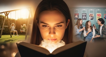 Mujer con libro abierto de humo y luz. En el fondo, niños en columpios de un jardín y adolescentes riendo en pasillo escolar con taquillas.