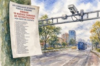 Ilustración en acuarela de una calle con un cartel pegado a un árbol y una estructura metálica con cámaras de tráfico sobre la vía.