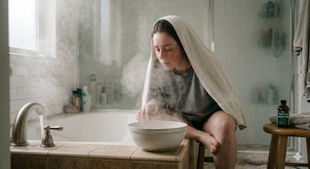 Mujer con una toalla sobre la cabeza inclinada sobre un cuenco humeante en un baño. Un grifo abierto y una bañera son visibles al fondo