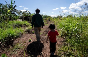 Um homem e um menino caminham para trás em uma estrada de terra cercada por grama alta e árvores sob um céu azul com nuvens