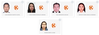 Cinco fotos de pasaporte de candidatos, con sus nombres debajo y el logo naranja "K". Tres hombres y dos mujeres mirando al frente, sobre fondo blanco