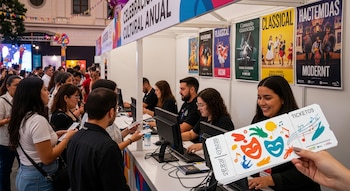 Una mano sostiene un fajo de boletos coloridos con motivos de música y teatro frente a un puesto de venta con personal y público.