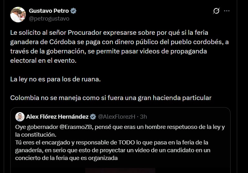 Gustavo Petro le solicitó al procurador general de la Nación, Gregorio Eljach, pronunciarse sobre lo sucedido en la feria - crédito @petrogustavo/X