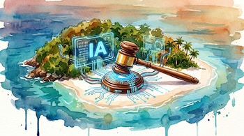Acuarela de una isla tropical con vegetación densa, agua turquesa y un martillo de juez en la playa, conectado con circuitos luminosos y una pantalla que muestra 'IA'.