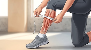 Ilustración de una persona midiendo su pantorrilla con una cinta métrica blanca, mostrando la musculatura visible bajo la piel.