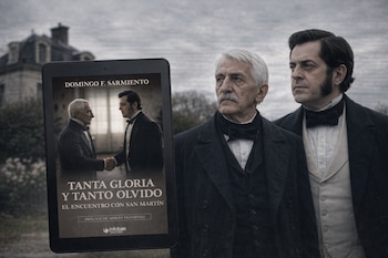 Dos hombres con trajes de época posan al aire libre, con un ebook en primer plano que exhibe la portada de un libro con texto e imagen.