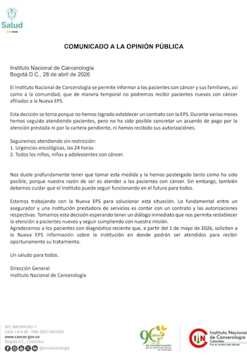 El Instituto Nacional de Cancerología, liderado por Carolina Wiesner, anunció que no recibiría nuevos usuarios de la Nueva EPS a partir del 1 de mayo de 2026 - crédito @INCancerologia/X