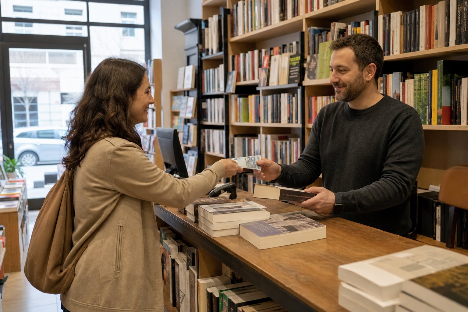 Una clienta compra un libro con un billete de 20 euros. (Imagen Ilustrativa Infobae)