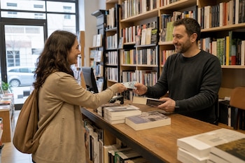 Una mujer entrega un billete de veinte euros a un hombre tras el mostrador de una librería rodeada de estanterías con libros.
