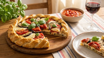 Una tarta de berenjenas, tomates y queso con masa trenzada se muestra en una tabla de madera, con una porción en un plato, salsa y vino tinto.
