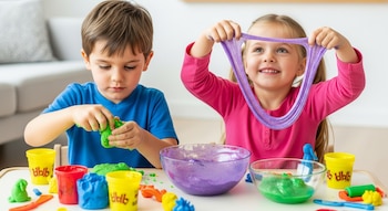 Dos niños sentados en una mesa con masas de colores, slime morado y verde en cuencos, recipientes de masa y herramientas de plástico.