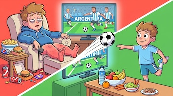 Ilustración de pantalla dividida con un hombre cansado en un sofá rodeado de comida chatarra y un niño estirándose con snacks saludables frente al televisor.