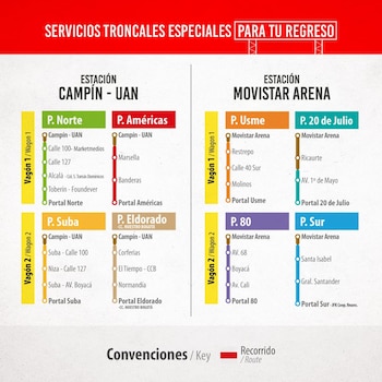 Transmilenio dispone rutas directas y reforzadas para la salida del evento, asegurando el regreso seguro a los portales Norte, Sur, Occidente y Oriente - crédito TransMilenio