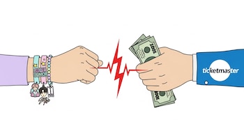 Ilustración: dos manos enfrentadas. Izquierda: pulseras de K-pop (Super Junior, BTS, Stray Kids). Derecha: billetes y logo Ticketmaster. Un rayo rojo las une.