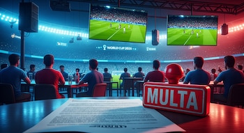 Un sello rojo de 'MULTA' y documentos legales están sobre una mesa en primer plano de un restaurante deportivo, donde aficionados ven fútbol en pantallas gigantes.