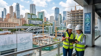Dos ingenieras con casco y chaleco reflectante observan una tableta frente a una obra en construcción rodeada de rascacielos y grúas.