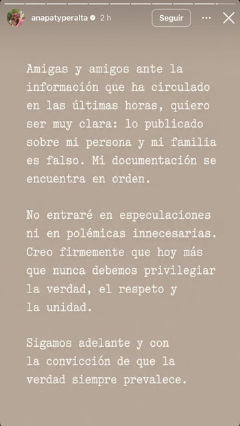 Ana Paty Peralta respondió a los reportes a través de sus redes sociales. Crédito: Instagram - @anapatyperalta