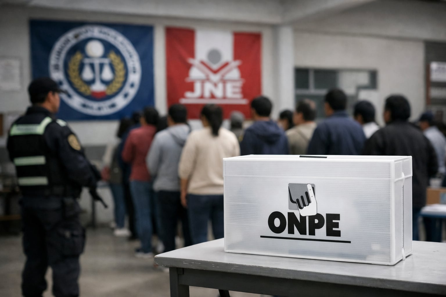 Centro de votación en Perú muestra filas de votantes esperando, urna de ONPE en primer plano y banners del JNE, bajo la atenta vigilancia de un agente de seguridad. (Imagen Ilustrativa Infobae)