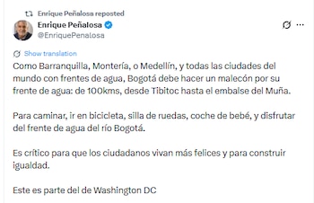Esta es la propuesta de Enrique Peñalosa sobre un malecón en Bogotá - crédito @EnriquePenalosa/X