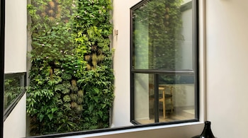 Un frondoso jardín vertical cubre una pared interior, con diversas plantas verdes y pequeñas flores rosadas. A su lado, una ventana refleja el jardín y revela una silla de madera.
