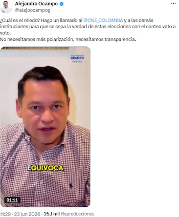Alejandro Ocampo reclamó revisión exhaustiva de votos tras negativa del CNE - crédito @alejoocampog/X
