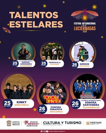 Cartel morado anuncia el Festival Internacional de las Luciérnagas 2026. Muestra seis fotos de artistas, sus nombres, fechas y localidades de actuación