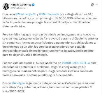 Natalia Gutiérrez, presidenta de Acolgen, dijo que las empresas generadoras han seguido entregando energía sin recibir oportunamente su pago - crédito @NGutierrezJ/X