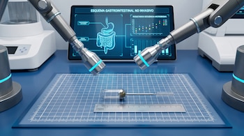 Una microcápsula transparente con cepillo sobre una rejilla de calibración entre dos brazos robóticos frente a una pantalla con gráficos.