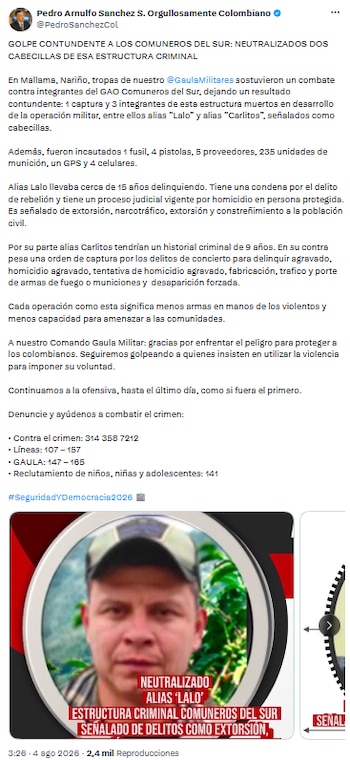 Ministerio de Defensa reportó baja de jefes criminales y decomiso de armas en Nariño - crédito @PedroSanchezCol/X