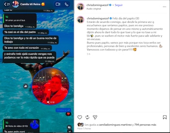 Pantalla de teléfono móvil con aplicaciones de mensajería y red social, ventana de chat, mensajes de texto, nota de video, foto de perfil, publicación