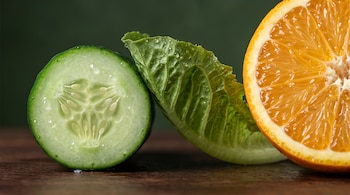 Un corte de pepino verde con semillas, una hoja de lechuga y media naranja con pulpa, todos con gotas de agua, sobre una tabla de madera oscura.