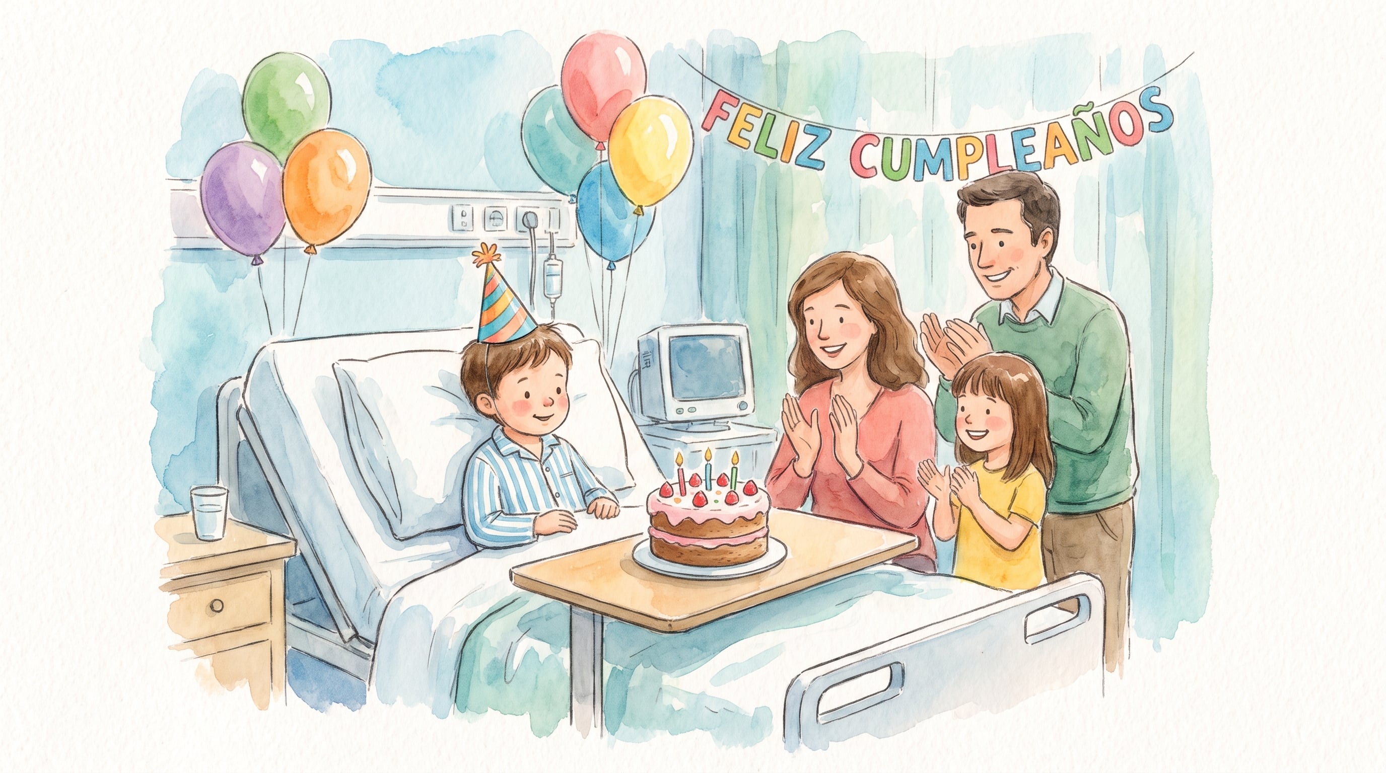 Una familia celebra el cumpleaños de un niño ingresado en un hospital, donde le ofrecen una torta con velas, globos y una guirnalda con la frase 'Feliz Cumpleaños'. (Imagen Ilustrativa Infobae)