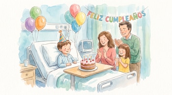 Ilustración acuarela: niño en cama de hospital con gorro de fiesta, pastel, globos, cartel "Feliz Cumpleaños", dos adultos y una niña aplaudiendo.