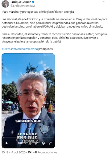 Enrique Gómez cuestionó a Fecode por la movilización y la crisis de salud del magisterio - crédito @Enrique_GomezM/X