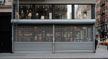 Fachada de tienda en Nueva York con persianas metálicas grises y rejilla cerrada; arriba, escaparates con maniquíes. Al fondo, taxis amarillos y edificios de ladrillo.