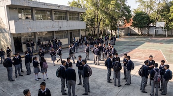Patio de escuela con edificio de concreto, cancha deportiva, árboles y grupos de adolescentes vestidos con uniforme gris y azul marino, algunos con mochilas.