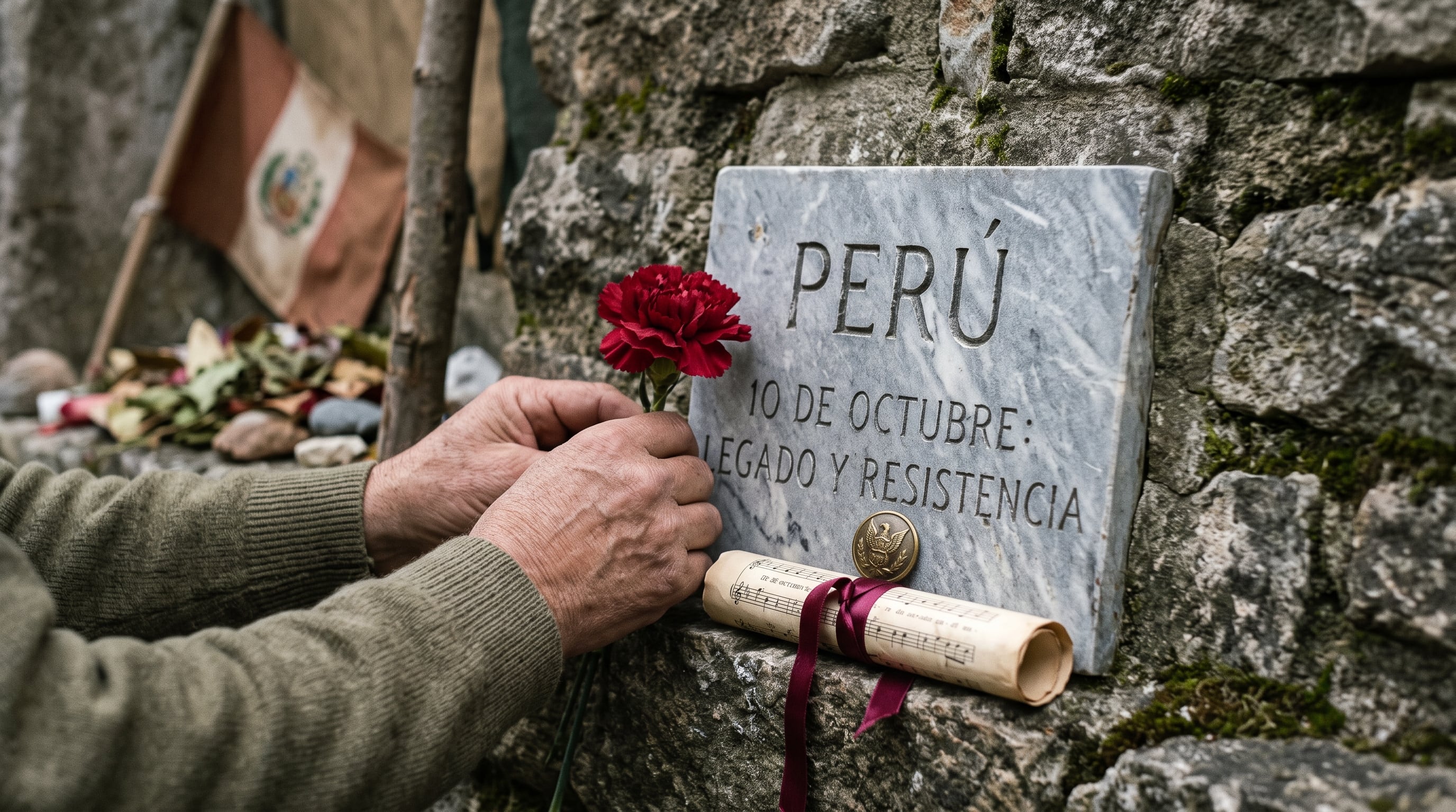 Unas manos colocan un clavel rojo junto a una placa conmemorativa de mármol grabada con la palabra Perú sobre un muro de piedra. (Imagen Ilustrativa Infobae)